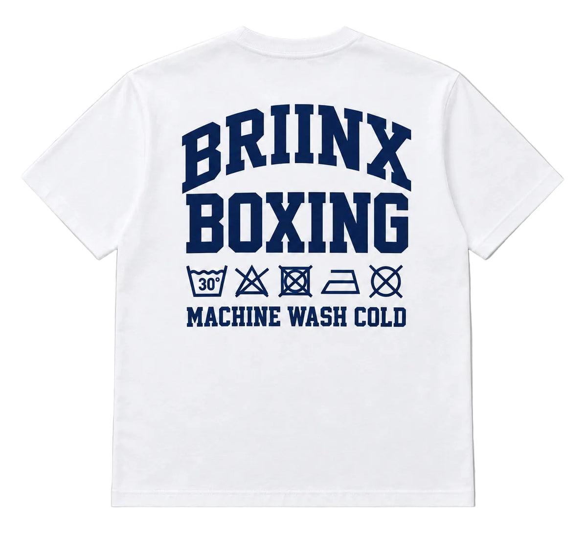 White short-sleeve T-shirt shown from the back on a light gray background, featuring large navy blue text reading 'BRIINX BOXING' with smaller 'MACHINE WASH COLD' and laundry care symbols below.