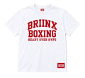 A white short-sleeve crewneck t-shirt with 'BRIINX BOXING' and 'HEART OVER HYPE' printed in red on the front, featuring a red 'HOH' logo on the bottom right hem and inside the collar, shown on a neutral gray background.