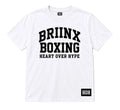 A white short-sleeve crewneck t-shirt with bold black text reading 'BRIINX BOXING' and 'HEART OVER HYPE' on the front, featuring a small black 'HOH' brand patch on the bottom right hem.