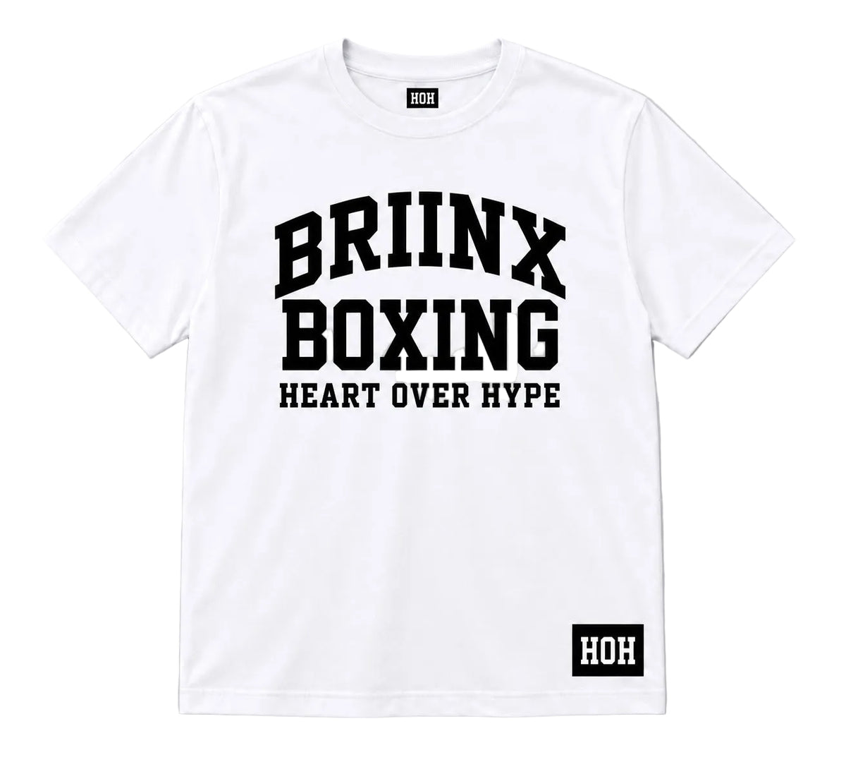 A white short-sleeve crewneck t-shirt with bold black text reading 'BRIINX BOXING' and 'HEART OVER HYPE' on the front, featuring a small black 'HOH' brand patch on the bottom right hem.