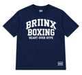 A navy blue short-sleeve t-shirt with 'BRIINX BOXING' and 'HEART OVER HYPE' printed in white on the front, featuring a small white ROH logo on the bottom right hem and inside the collar, shown on a neutral gray background.