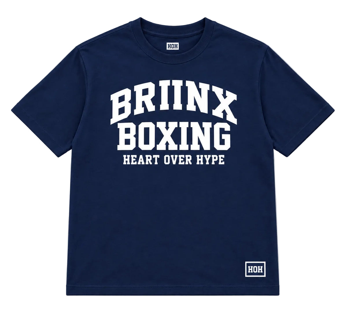 A navy blue short-sleeve t-shirt with 'BRIINX BOXING' and 'HEART OVER HYPE' printed in white on the front, featuring a small white ROH logo on the bottom right hem and inside the collar, shown on a neutral gray background.