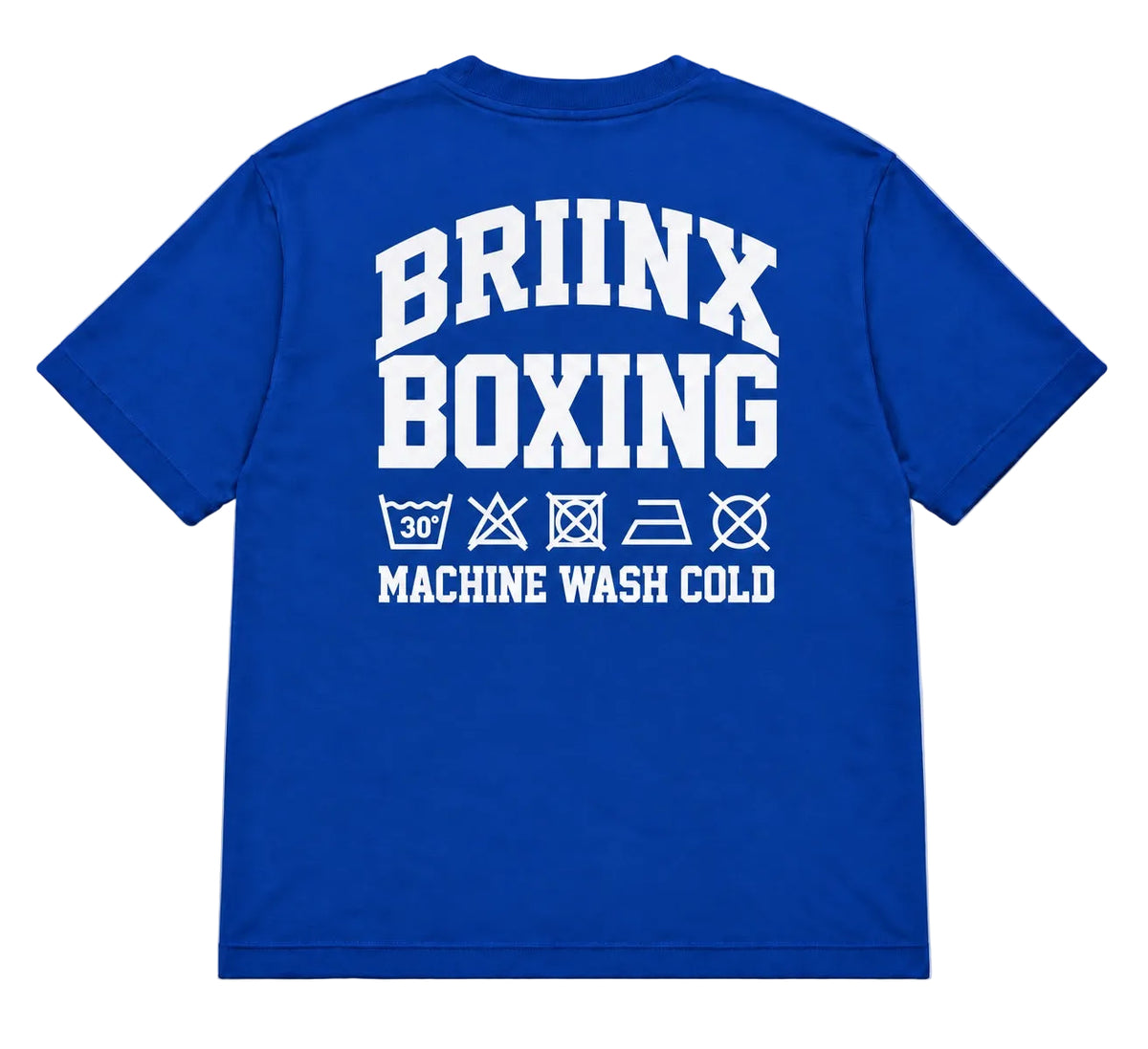 A royal blue short-sleeve t-shirt shown from the back, featuring a large white graphic print that reads 'BRIINX BOXING' with laundry care symbols and 'MACHINE WASH COLD' underneath, laid flat on a light gray background.