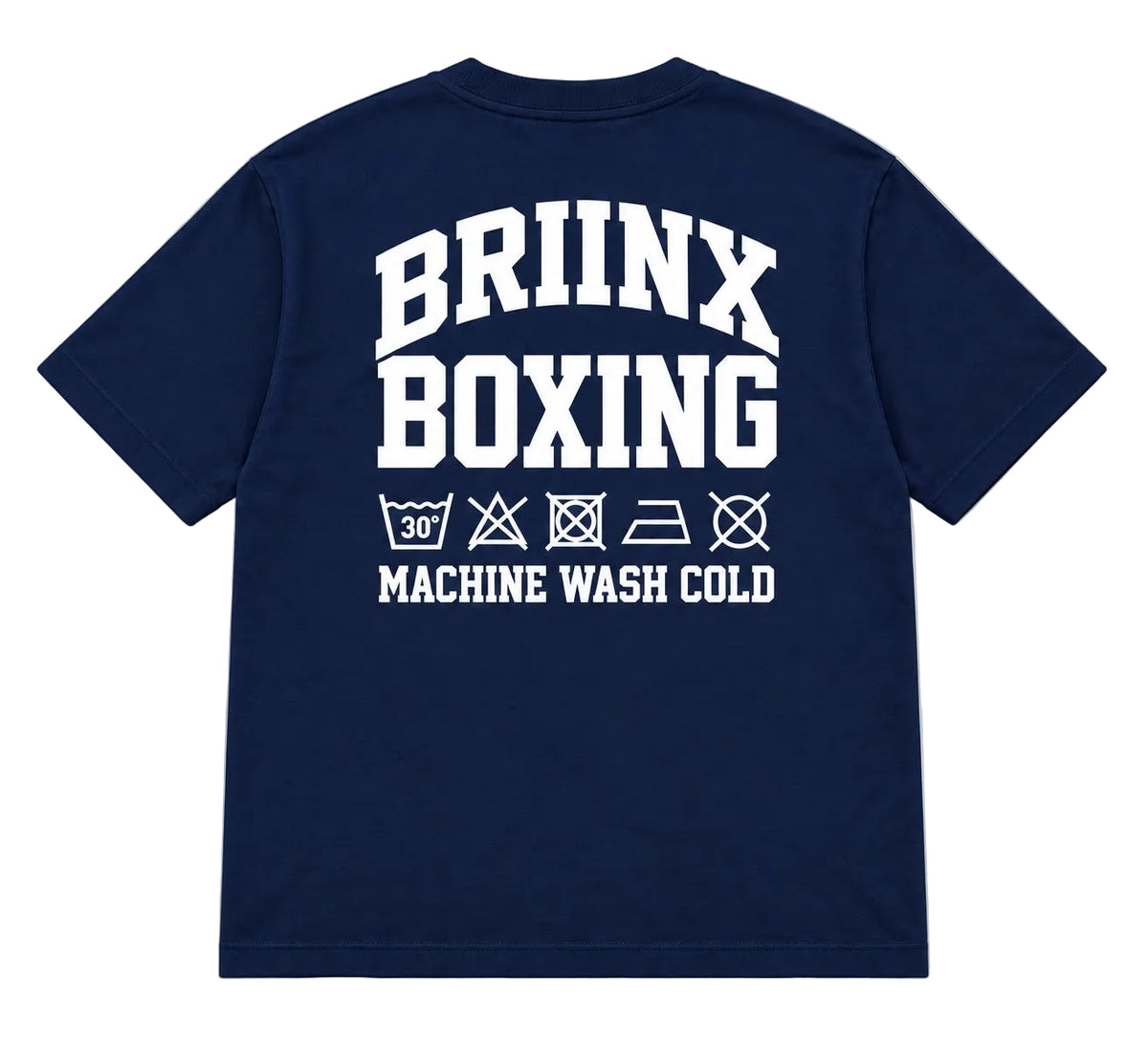 A navy blue short-sleeve t-shirt shown from the back, featuring a large white graphic print that reads 'BRIINX BOXING' with laundry care symbols and 'MACHINE WASH COLD' underneath, displayed on a neutral gray background.