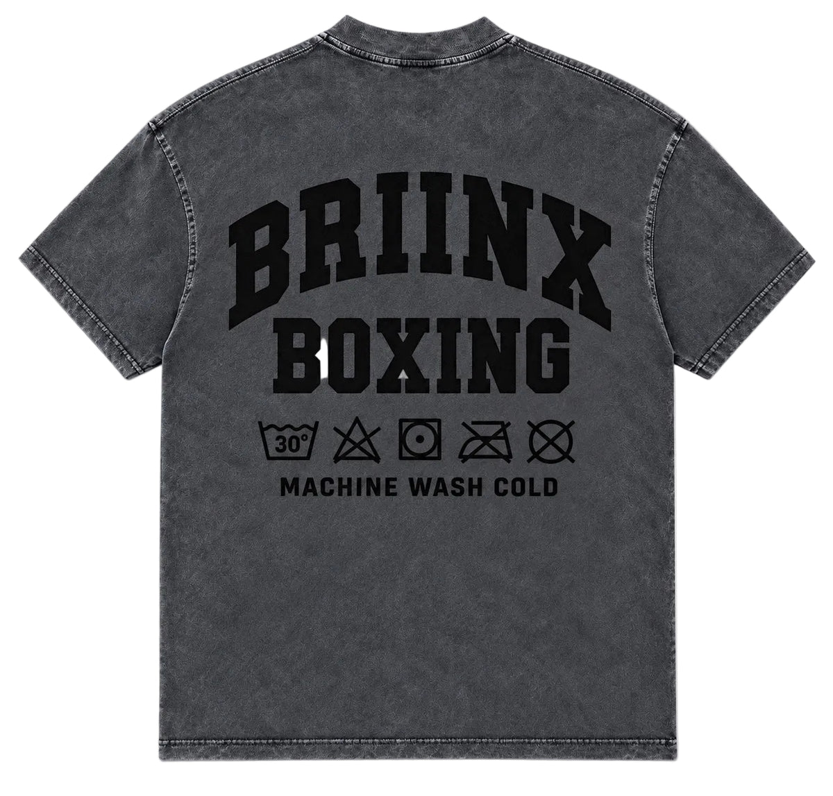 A dark gray acid-wash t-shirt shown from the back, featuring a large black graphic print that reads 'BRIINX BOXING' with laundry care symbols and 'MACHINE WASH COLD' underneath.