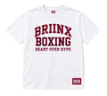 A white short-sleeve crewneck t-shirt with a maroon collegiate-style graphic on the front reading 'BRIINX BOXING HEART OVER HYPE', plus a small maroon 'HOH' label near the lower right hem, shown on a light gray background.