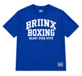 A royal blue short-sleeve t-shirt with 'BRIINX BOXING' and 'HEART OVER HYPE' printed in white on the front, featuring a small white 'ROH' logo on the bottom right hem and inside the collar, shown on a neutral gray background.