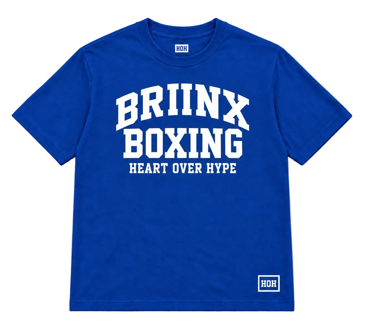 A royal blue short-sleeve t-shirt with 'BRIINX BOXING' and 'HEART OVER HYPE' printed in white on the front, featuring a small white 'ROH' logo on the bottom right hem and inside the collar, shown on a neutral gray background.