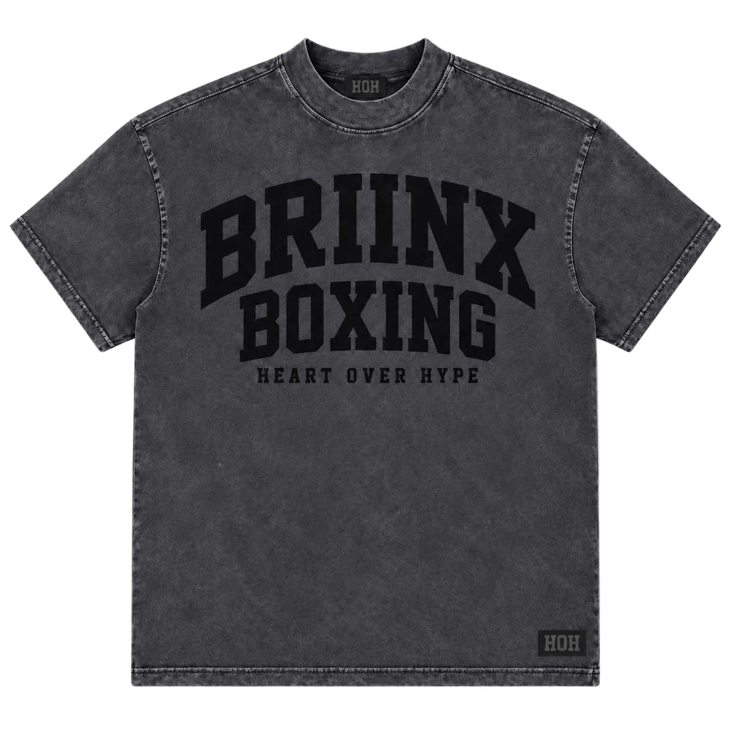 A dark gray acid-wash t-shirt with 'BRIINX BOXING' printed in black across the chest, on a light gray background.