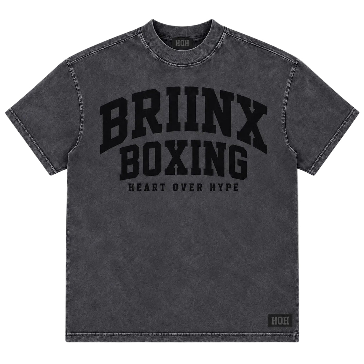 A dark gray acid-wash t-shirt with 'BRIINX BOXING' printed in black across the chest, on a light gray background.