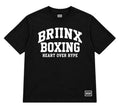 A black short-sleeve t-shirt with a bold white graphic print on the front reading 'BRIINX BOXING HEART OVER HYPE', along with a small white 'ROH' logo on the bottom right hem and inside the collar, shown on a neutral gray background.