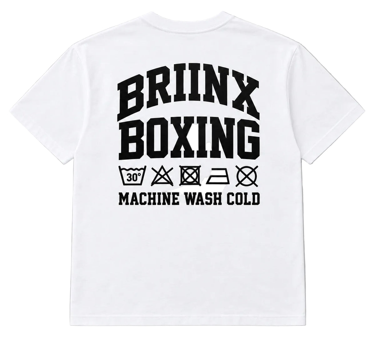 White short-sleeve t-shirt with a large black graphic print on the back reading 'BRIINX BOXING' and 'MACHINE WASH COLD' with laundry care symbols underneath, shown on a neutral gray background.