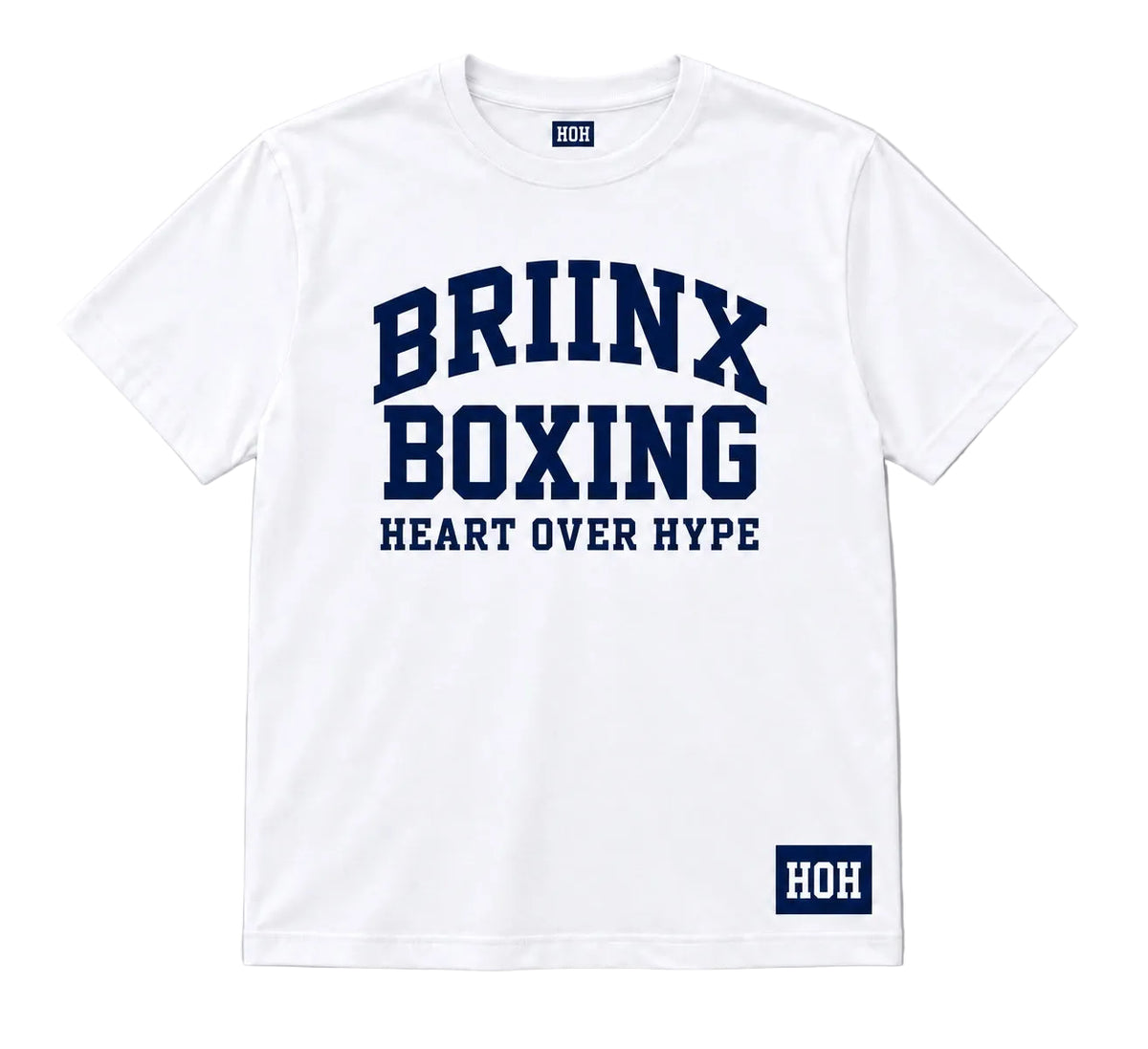 A white short-sleeve crewneck t-shirt with 'BRIINX BOXING HEART OVER HYPE' printed in navy blue on the front, featuring a small navy blue HOH logo patch on the bottom right hem.